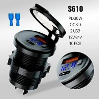 разъем usb type-c в авто врезной cr1035 с вольтметром 12v-24v usb qc3.0 - type-c pd 30w  фото